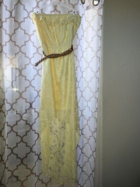 Trixxi Strapless Yellow Lace High-Low Maxi Dress